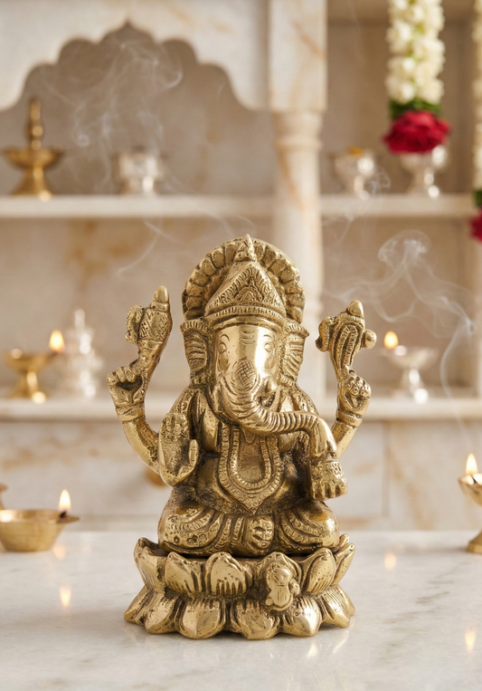 Sacred Vakratunda Brass Idol. Handcrafted Lord Ganesha for Wisdom and Protection