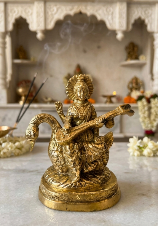 Brass Saraswati Idol | Handcrafted Antique Brass Murti for Home Temple, Study & Office
