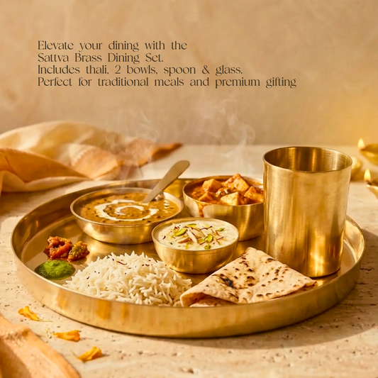 Sattva Brass Thaali Set - 5 pieces set (1 Thaali, 2 bowls, 1 glass and 1 spoon)