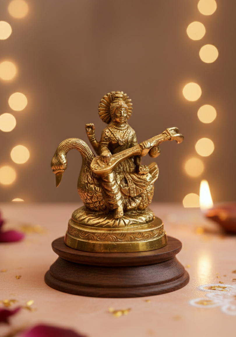 Brass Saraswati Idol | Handcrafted Antique Brass Murti for Home Temple, Study & Office
