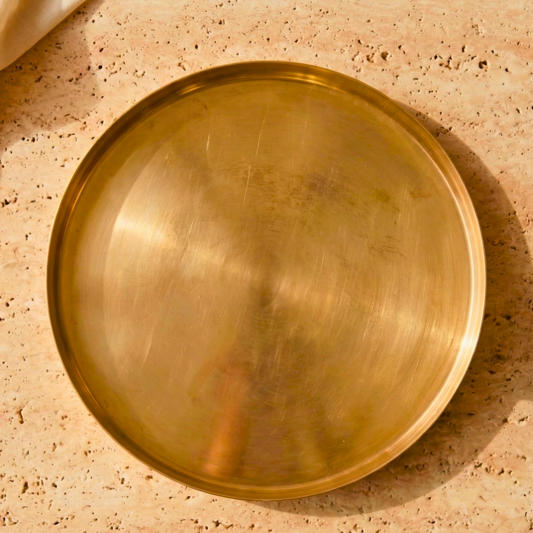 Sattva Brass Thaali Set - 5 pieces set (1 Thaali, 2 bowls, 1 glass and 1 spoon)