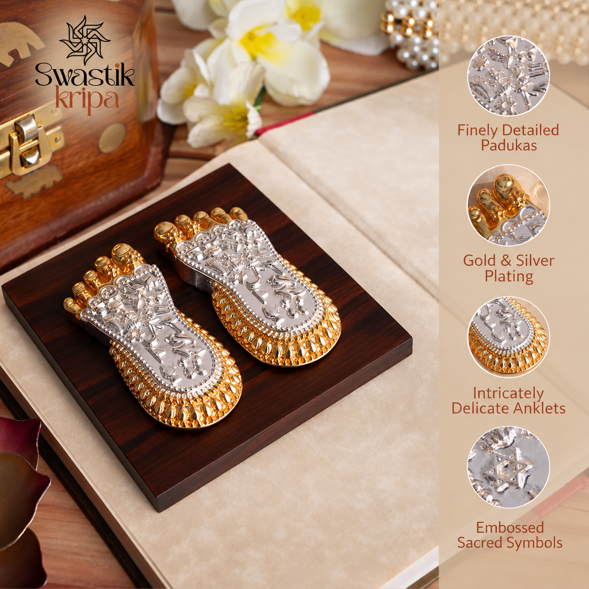 Maa Lakshmi ji Charan Paduka | Laxmi Feet Idol for Entrance, Desk & Shop Silver & Gold Plated