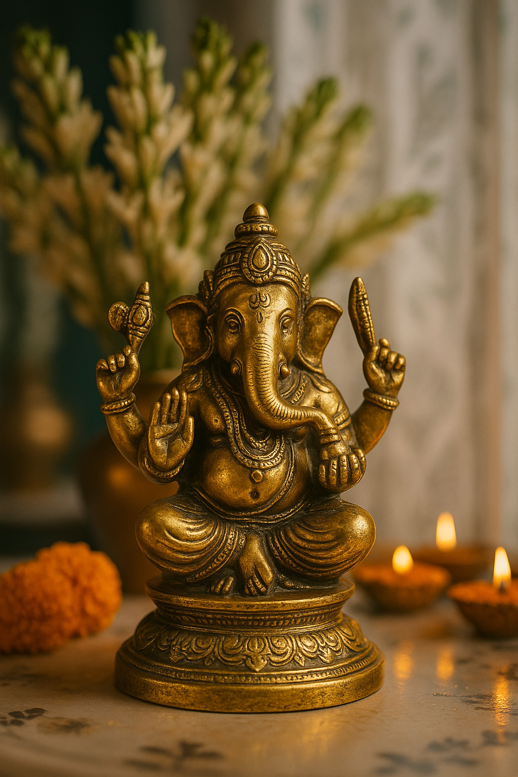 Sacred Vakratunda Brass Idol. Handcrafted Lord Ganesha for Wisdom and Protection