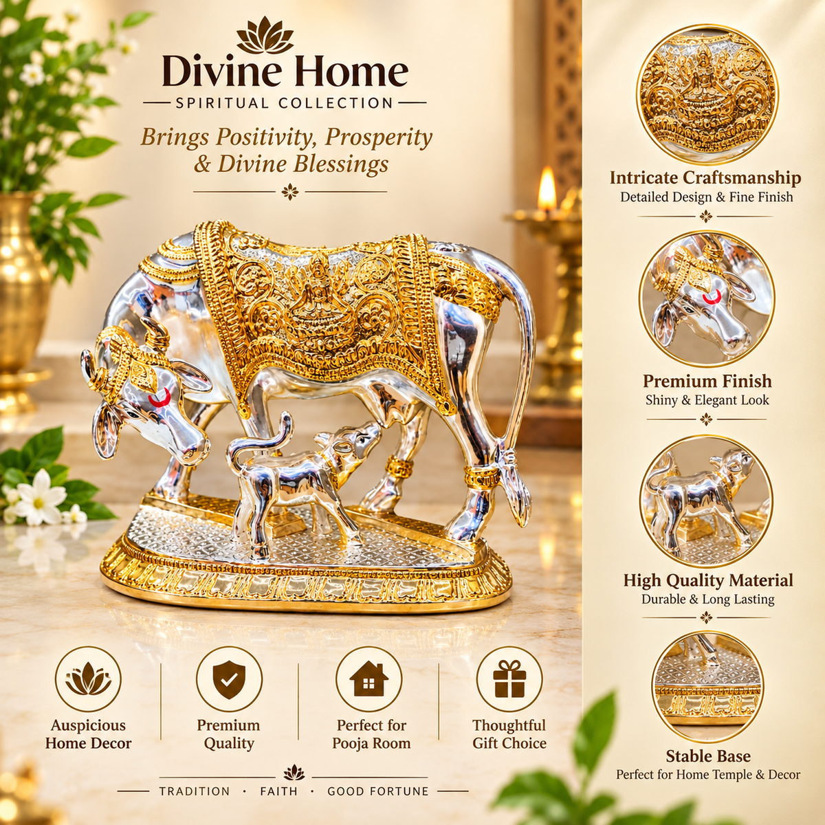 Kamdhenu Cow with Calf Idol | Gold & Silver Plated Finish for Pooja, Home & Gifting