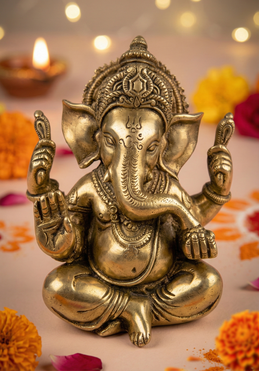 Pure Brass Lord Ganesha Idol | Handcrafted Ganpati Murti for Home Temple & Decor