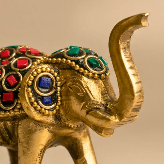 Handcrafted Brass Elephant Statue with Gemstone Inlay