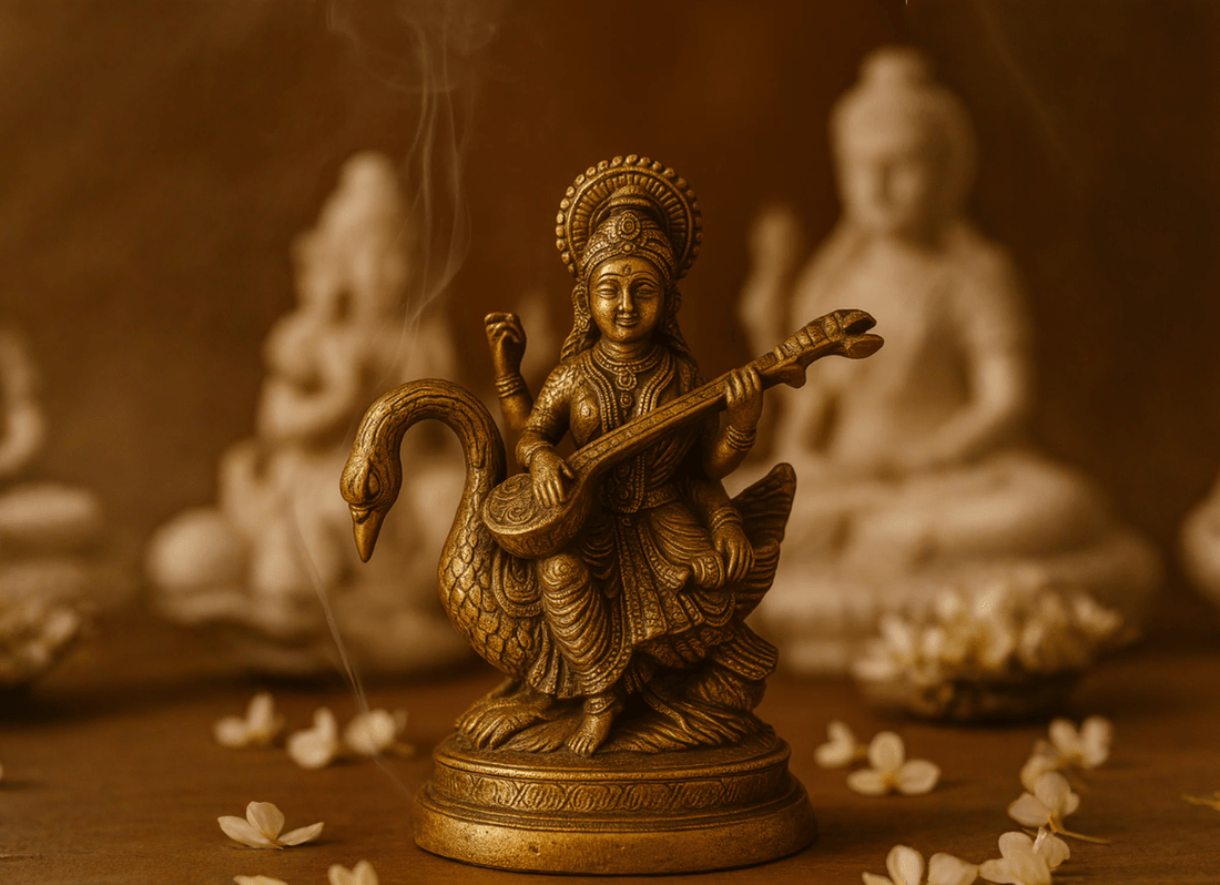 The Wisdom Within: The Story of Maa Saraswati Brass Idol - SwastikKripa | Pure Brass Idols | Home Decor & Gifting | Free Shipping.