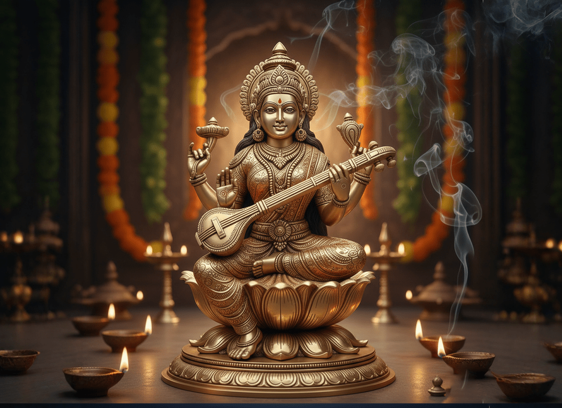 The Grace and Wisdom of a Maa Saraswati Brass Idol - SwastikKripa | Pure Brass Idols | Home Decor & Gifting | Free Shipping.