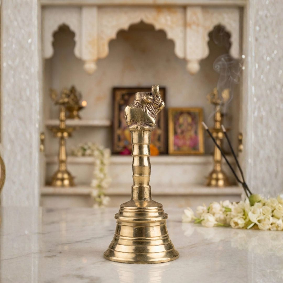 Nandi Bell Pure Brass  – Handcrafted Pooja Ghanti for Temple Rituals