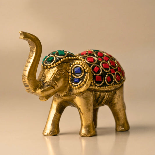 Handcrafted Brass Elephant Statue with Gemstone Inlay