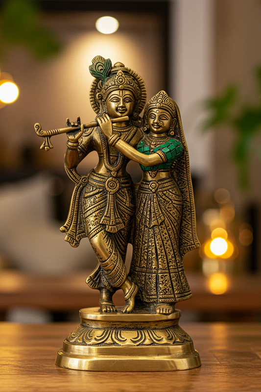 Antique Brass Radha Krishna Idol – Divine Love & Harmony Sculpture