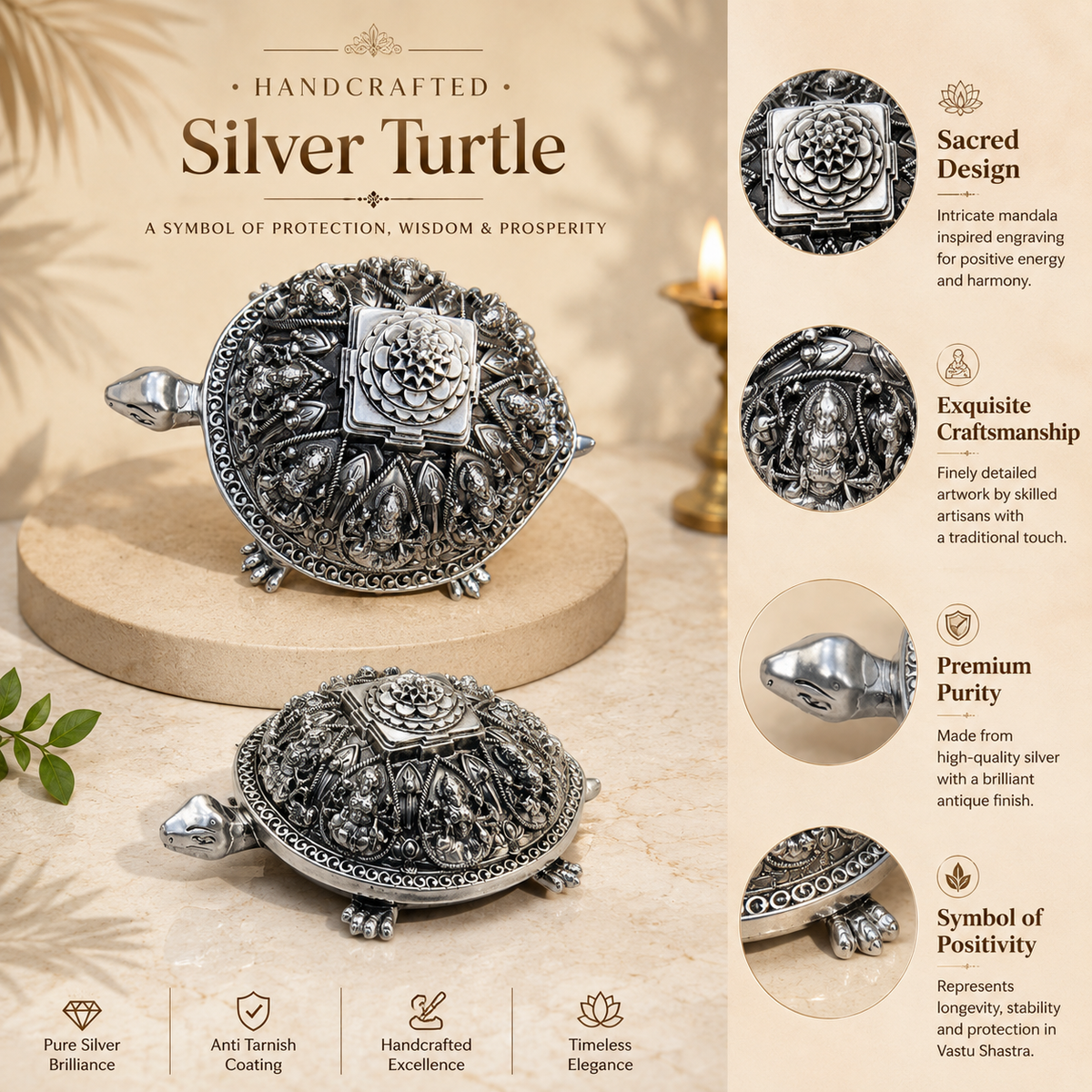 Ashtalakshmi Vastu Tortoise Idol with Eight Lakshmi Forms | Pure 999 Silver Plated