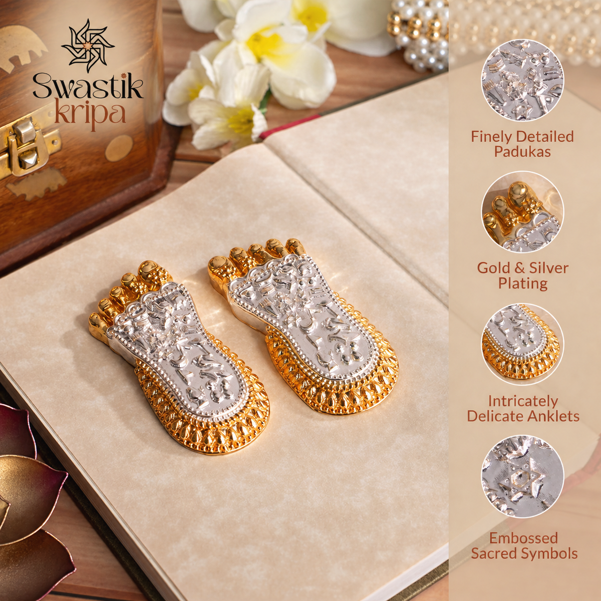 Maa Lakshmi ji Charan Paduka | Laxmi Feet Idol for Entrance, Desk & Shop Silver & Gold Plated