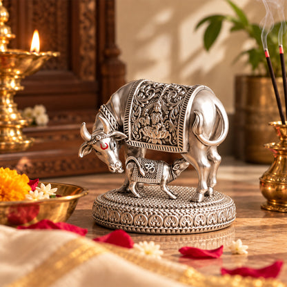 Silver Plated Kamdhenu Cow with Calf Idol | 3 Inches