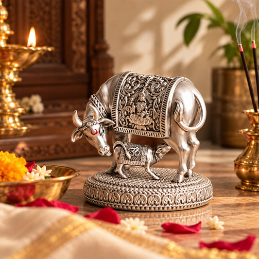 Silver Plated Kamdhenu Cow with Calf Idol - Silver Plated Vastu Décor