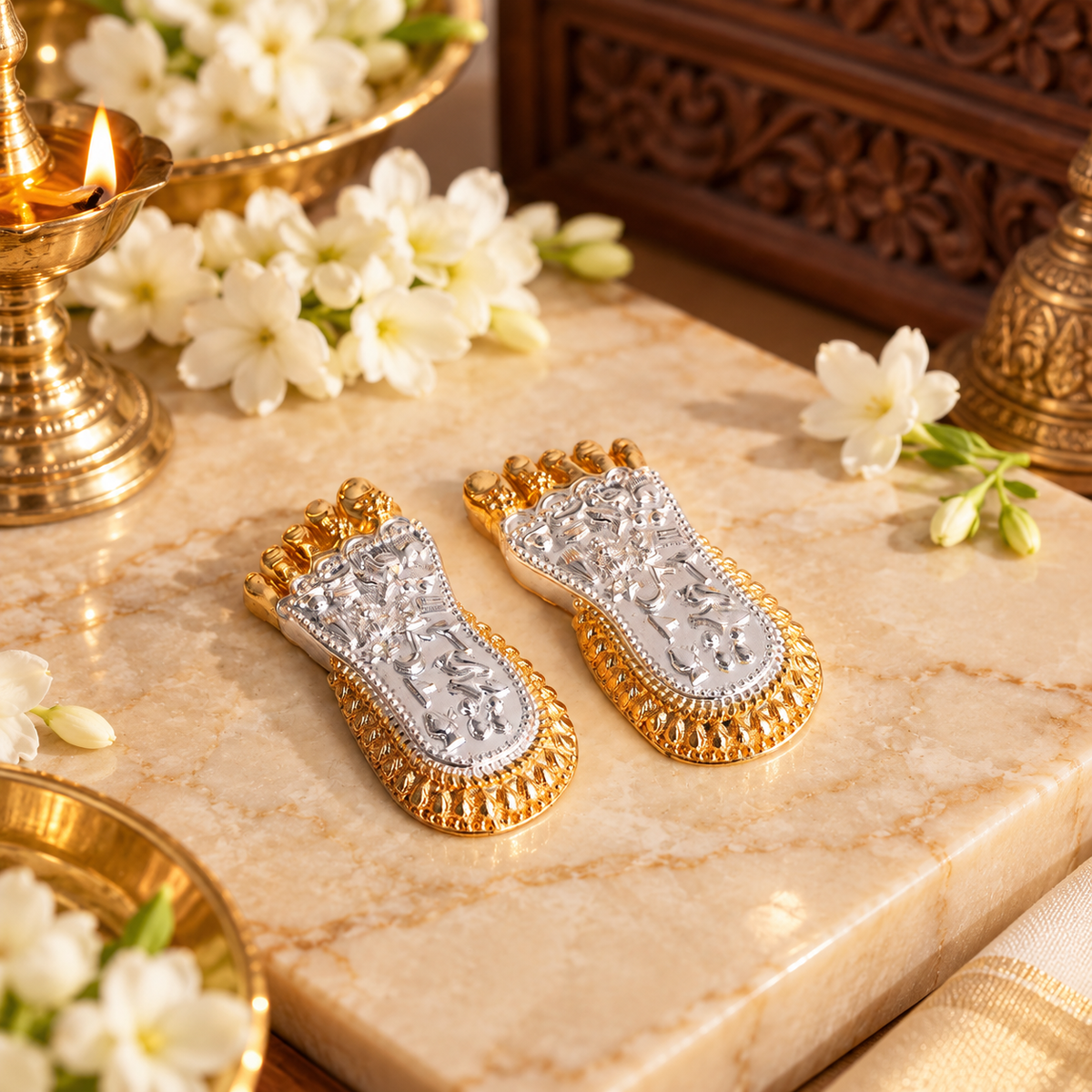 Maa Lakshmi ji Charan Paduka | Laxmi Feet Idol for Entrance, Desk & Shop Silver & Gold Plated