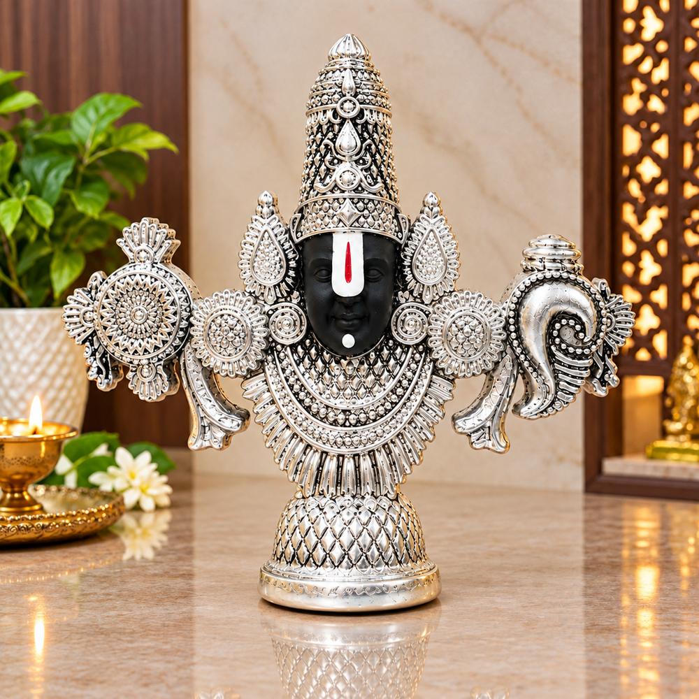Tirupati Balaji Face Idol | Lord Venkateswara Murti for Car, Mandir & Desk Pure 999 Silver Plated