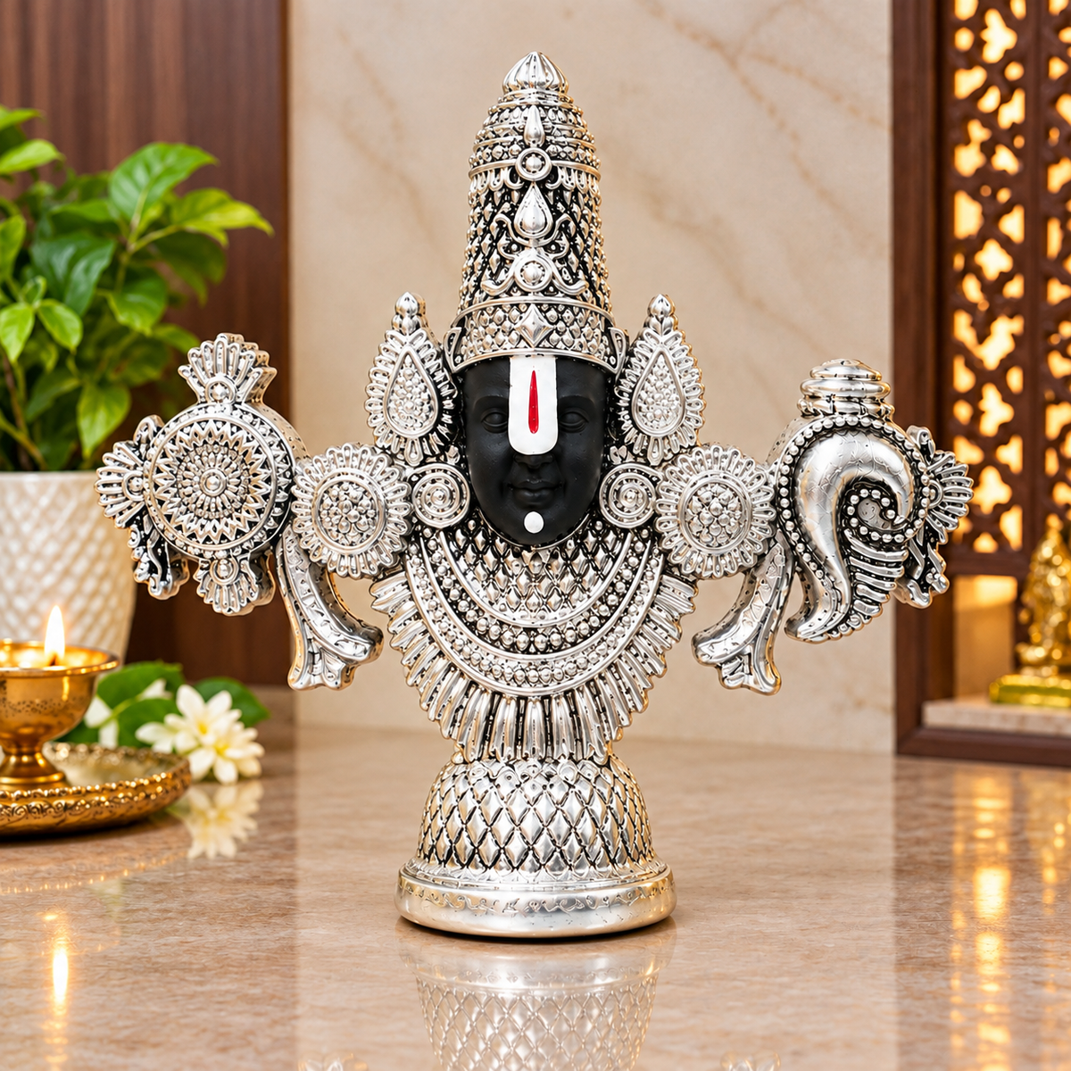 Tirupati Balaji Face Idol | Lord Venkateswara Murti for Car, Mandir & Desk Pure 999 Silver Plated
