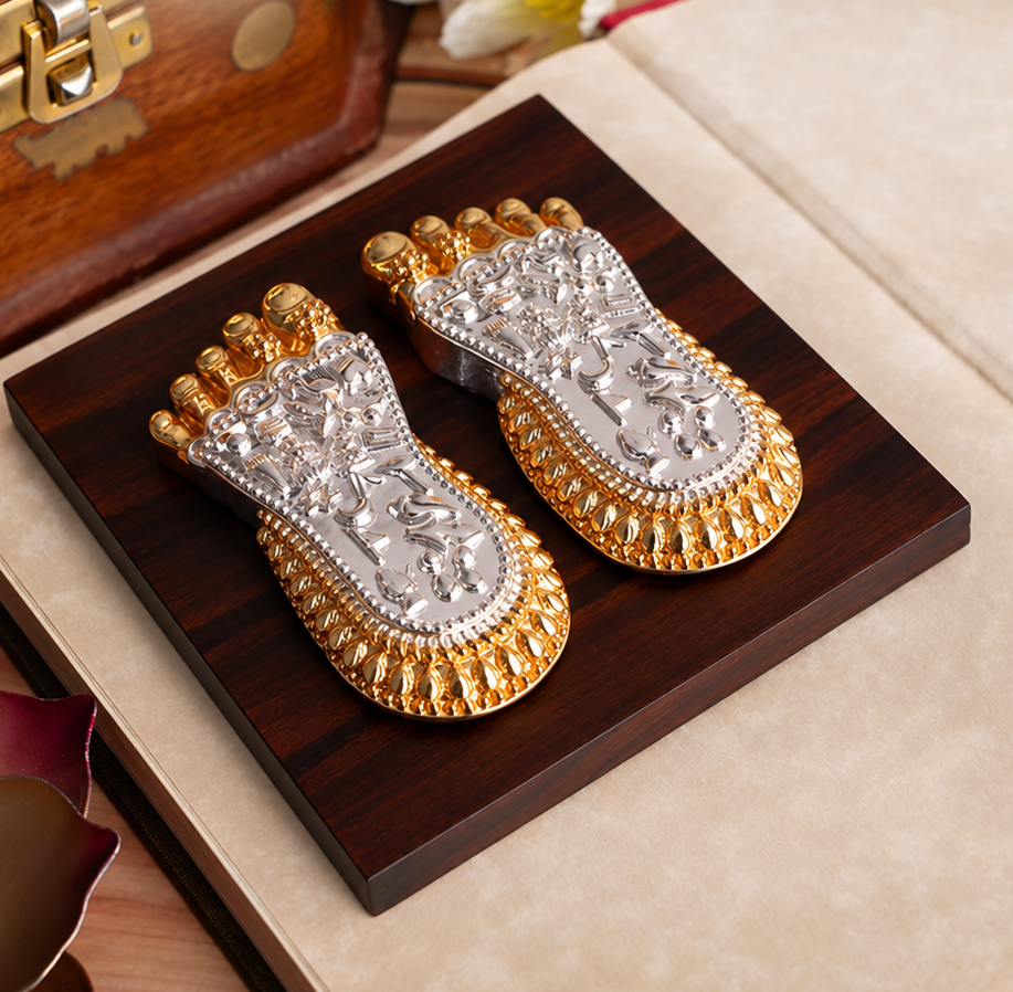 Maa Lakshmi ji Charan Paduka | Laxmi Feet Idol for Entrance, Desk & Shop Silver & Gold Plated