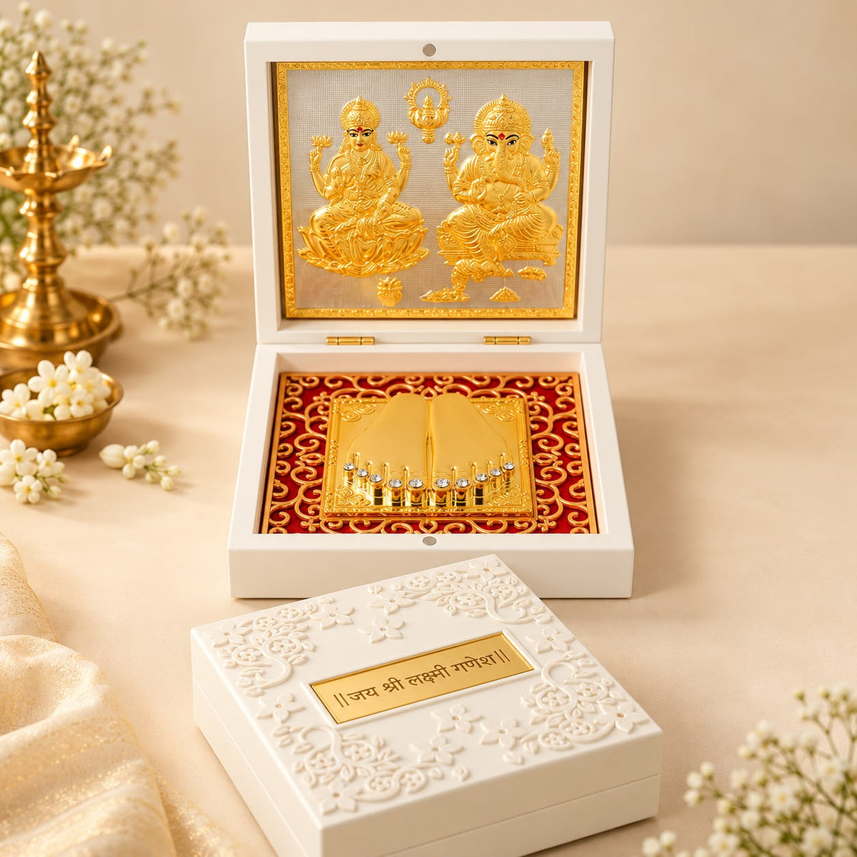 Ganesh Lakshmi Saraswati Pocket Temple | Portable Mandir with Charan Paduka Gold Plated