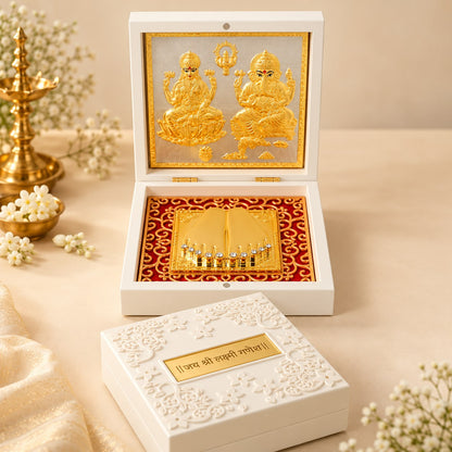 Ganesh Lakshmi Saraswati Pocket Temple | Portable Mandir with Charan Paduka Gold Plated