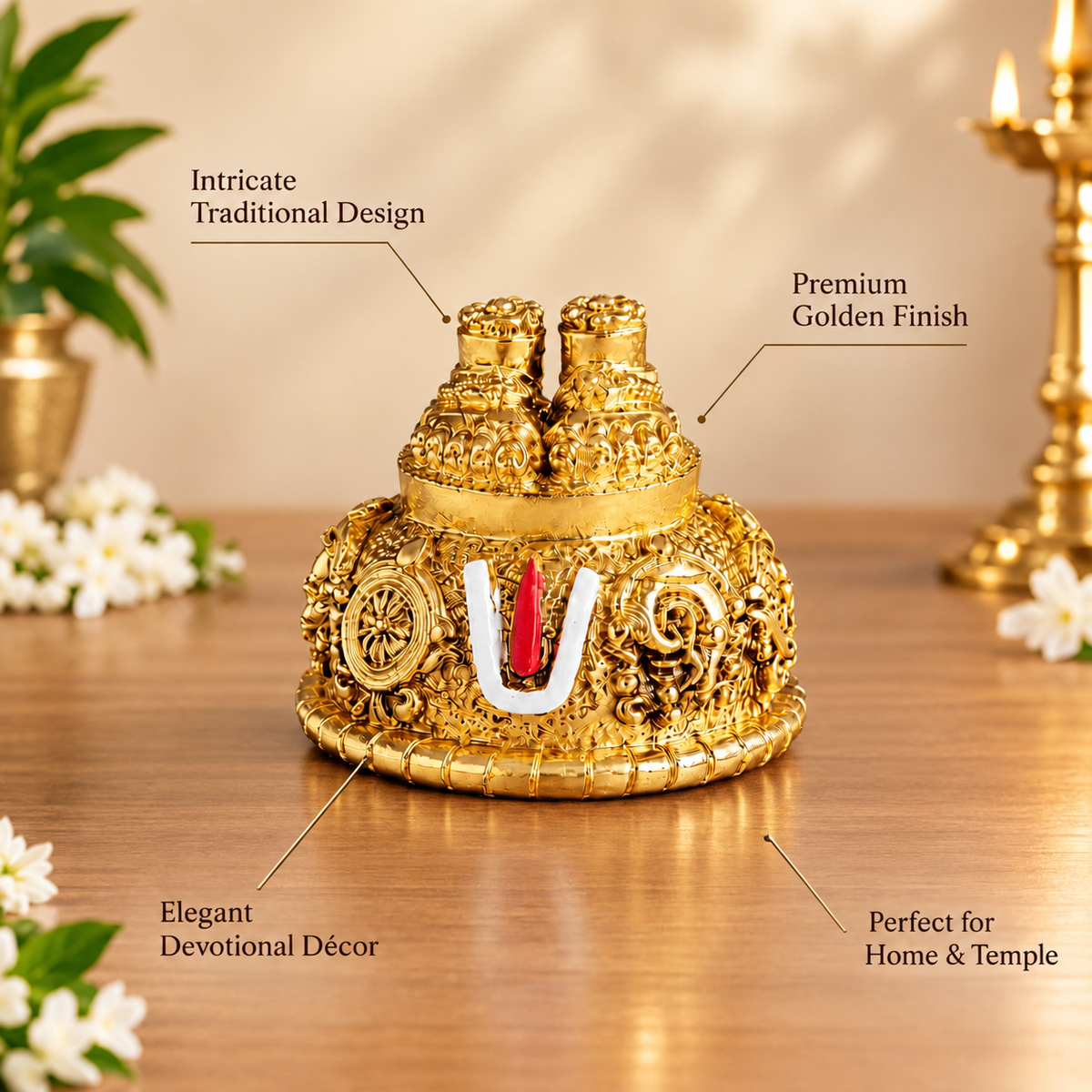 Lord Balaji Charan Paduka | Venkateswara Feet with Shankh, Chakra & Namam | Gold Plated