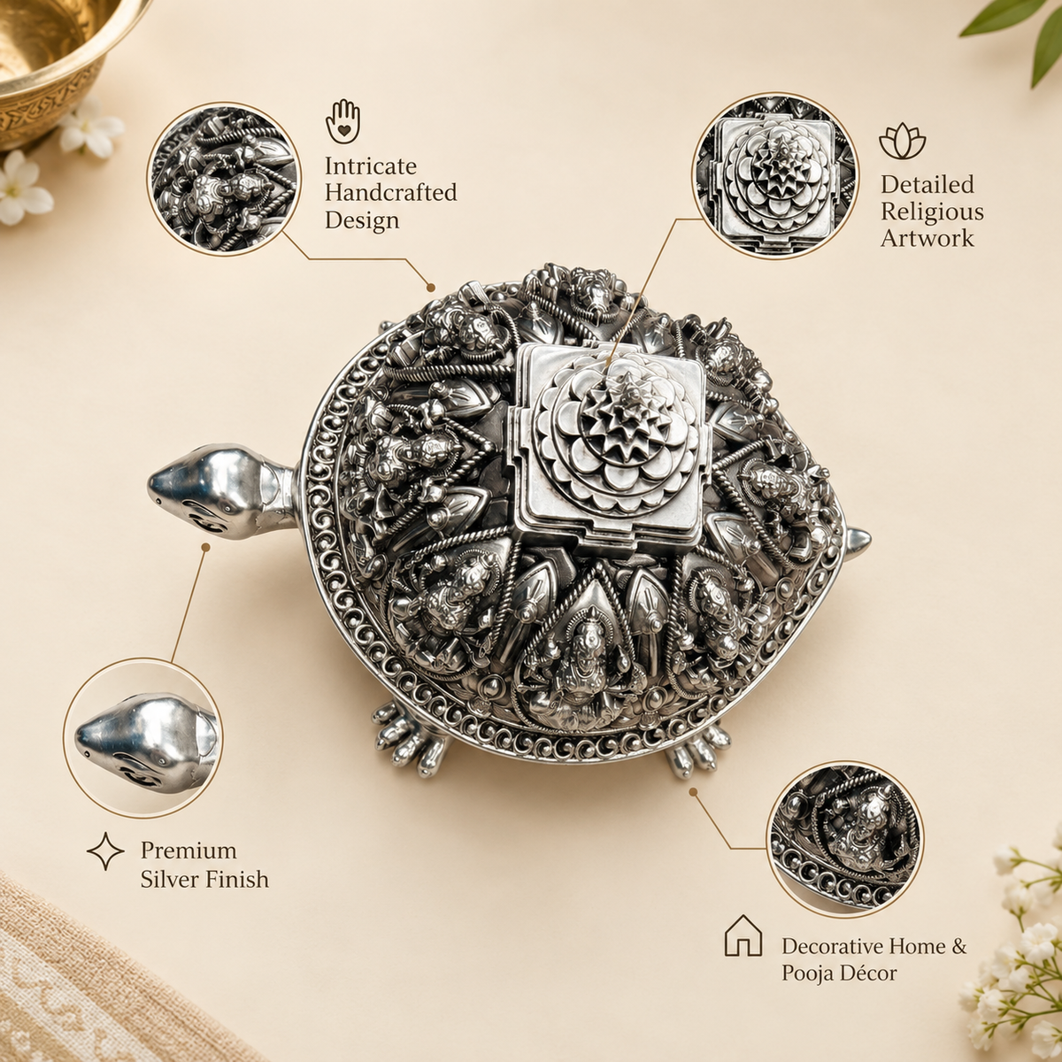 Ashtalakshmi Vastu Tortoise Idol with Eight Lakshmi Forms | Pure 999 Silver Plated