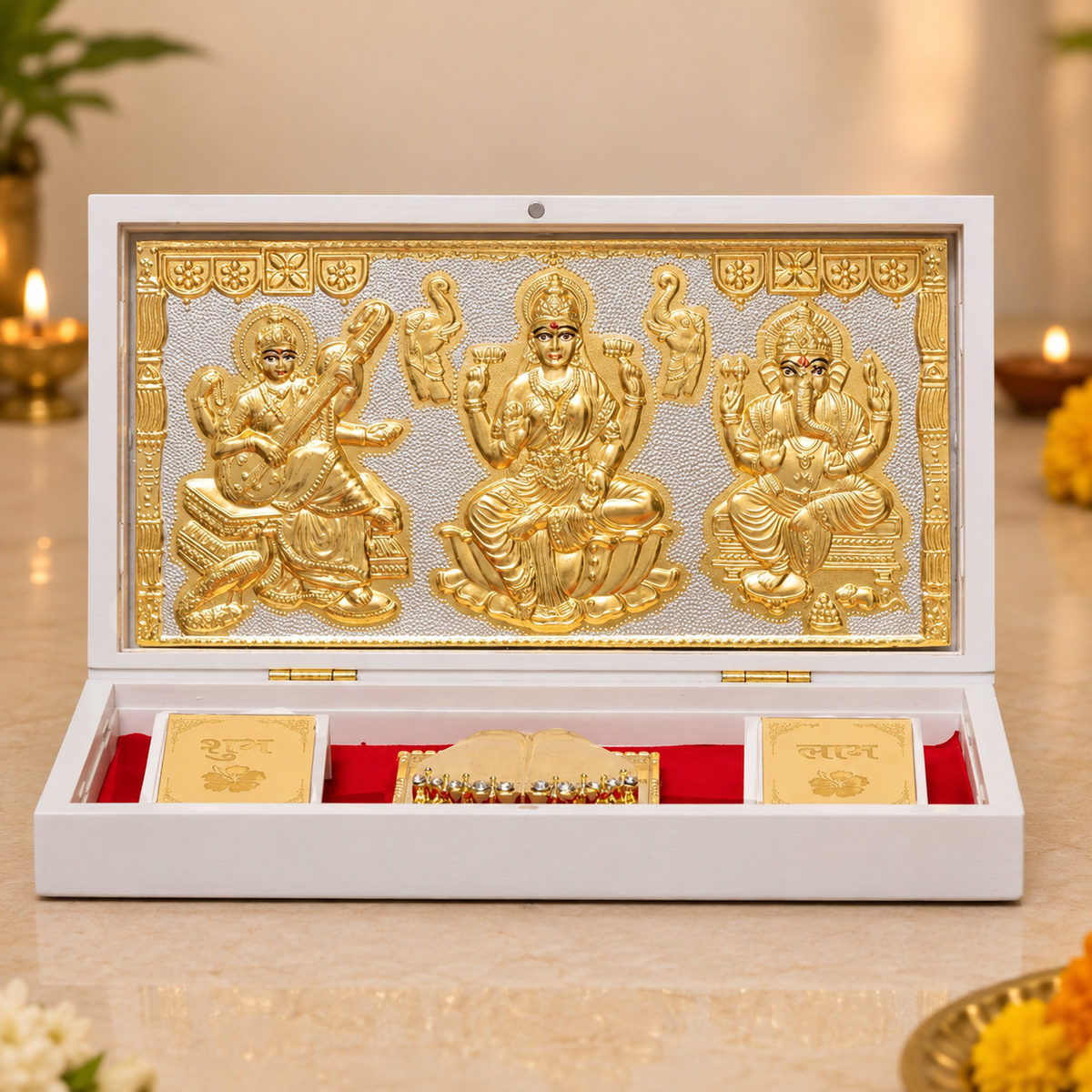 Ganesh Lakshmi Saraswati Pocket Temple | Portable Mandir with Charan Paduka Gold Plated
