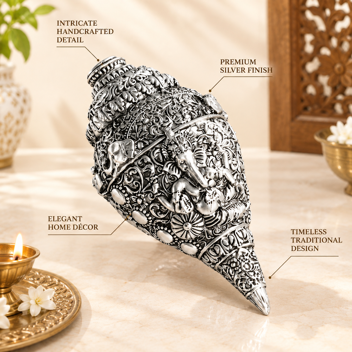 Lord Ganesha Shankh (Conch) - Pure Silver Plated (5 Inch)