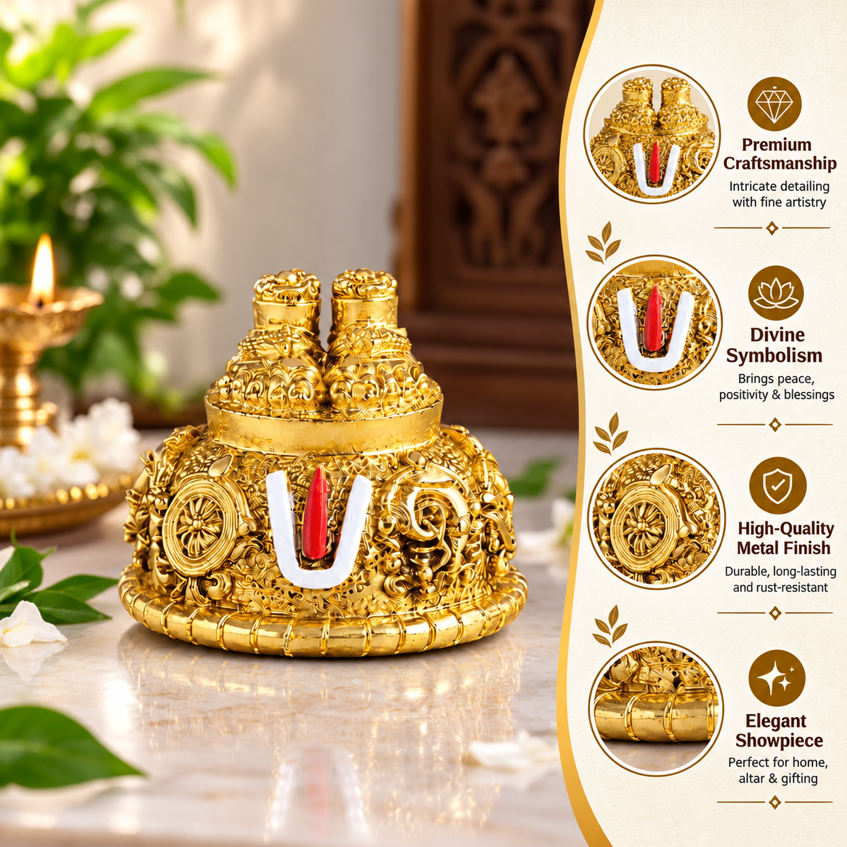 Lord Balaji Charan Paduka | Venkateswara Feet with Shankh, Chakra & Namam | Gold Plated