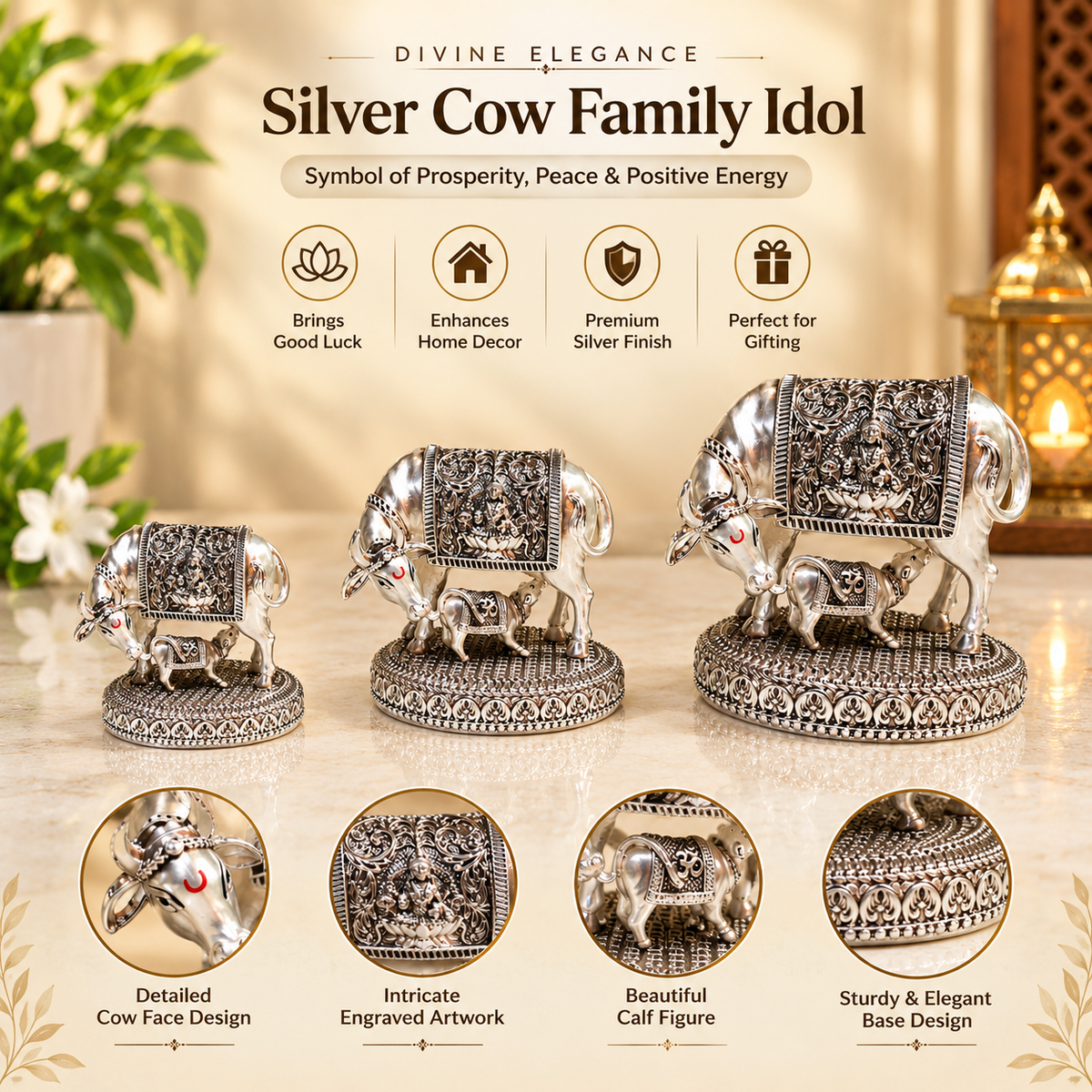 Silver Plated Kamdhenu Cow with Calf Idol | 3 Inches