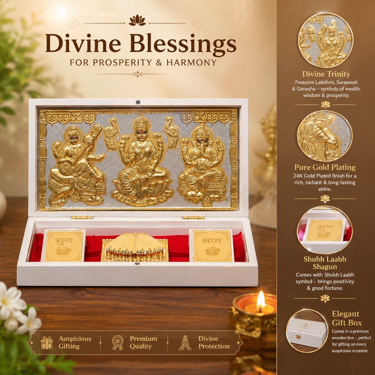 Ganesh Lakshmi Saraswati Pocket Temple | Portable Mandir with Charan Paduka Gold Plated