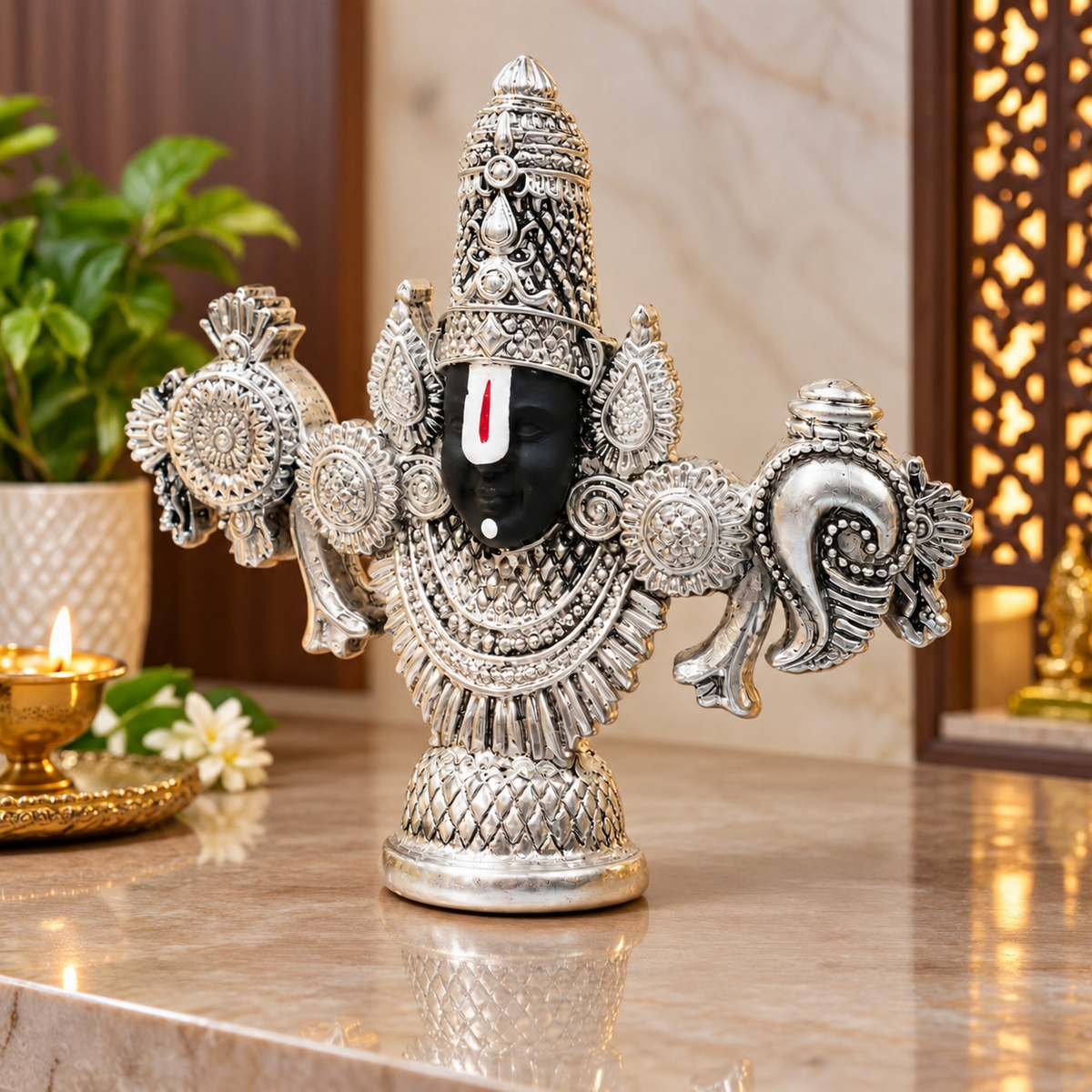 Tirupati Balaji Face Idol | Lord Venkateswara Murti for Car, Mandir & Desk Pure 999 Silver Plated