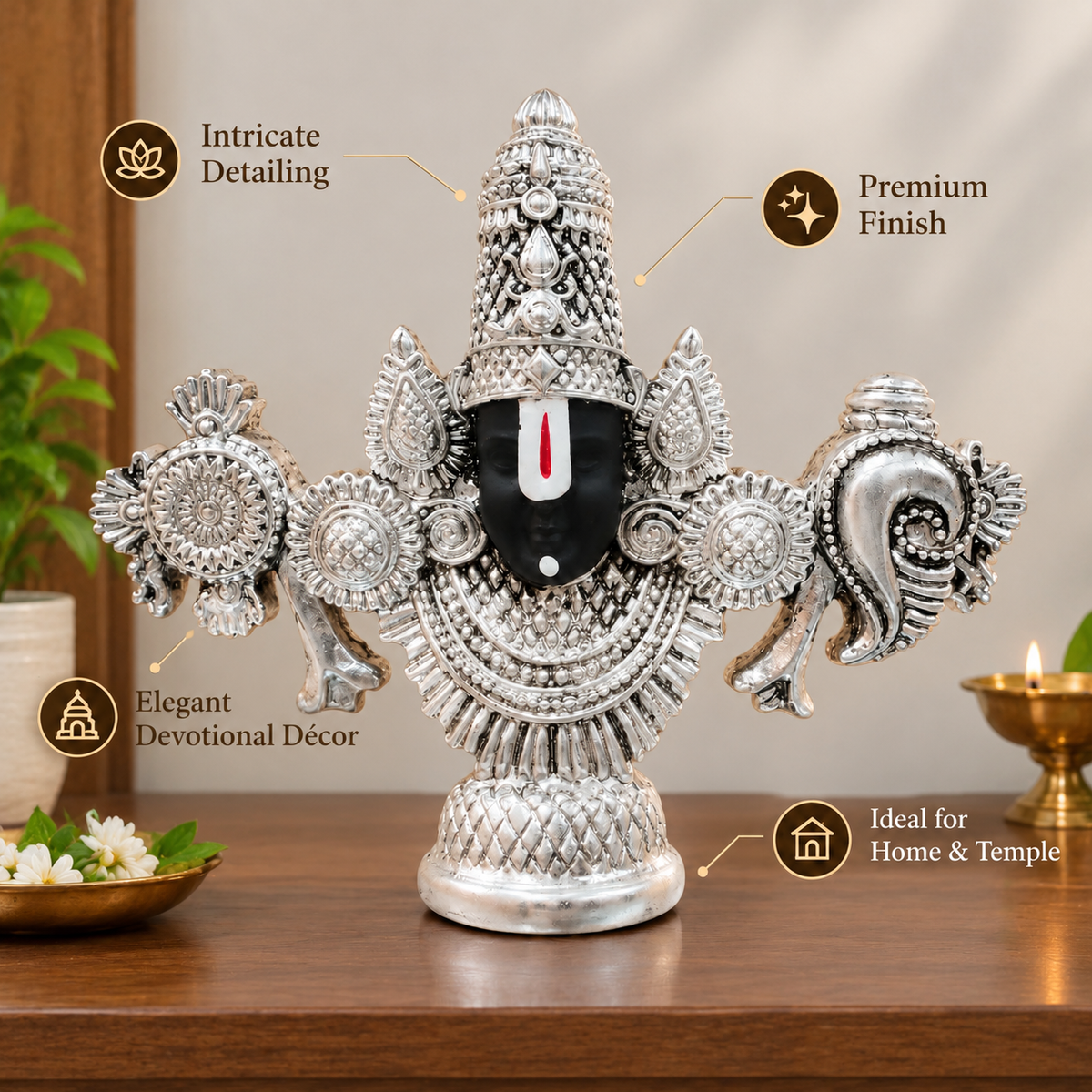 Tirupati Balaji Face Idol | Lord Venkateswara Murti for Car, Mandir & Desk Pure 999 Silver Plated