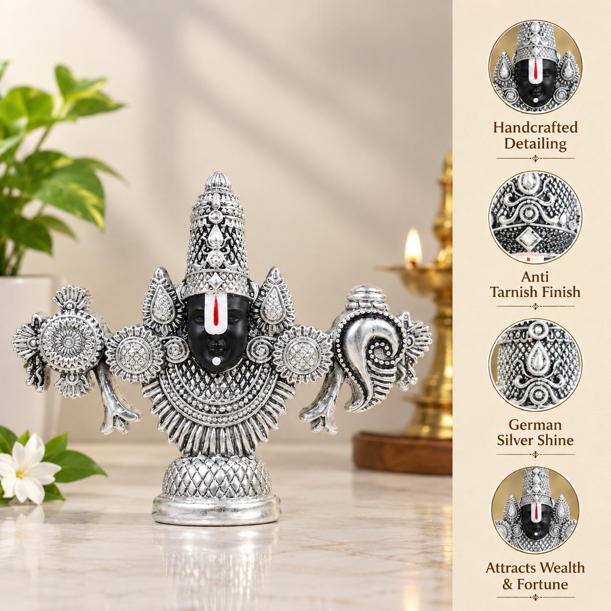Tirupati Balaji Face Idol | Lord Venkateswara Murti for Car, Mandir & Desk Pure 999 Silver Plated
