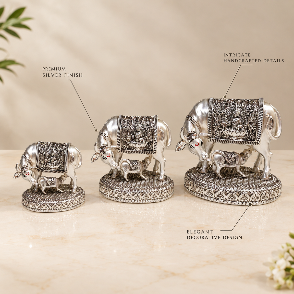 Silver Plated Kamdhenu Cow with Calf Idol | 3 Inches