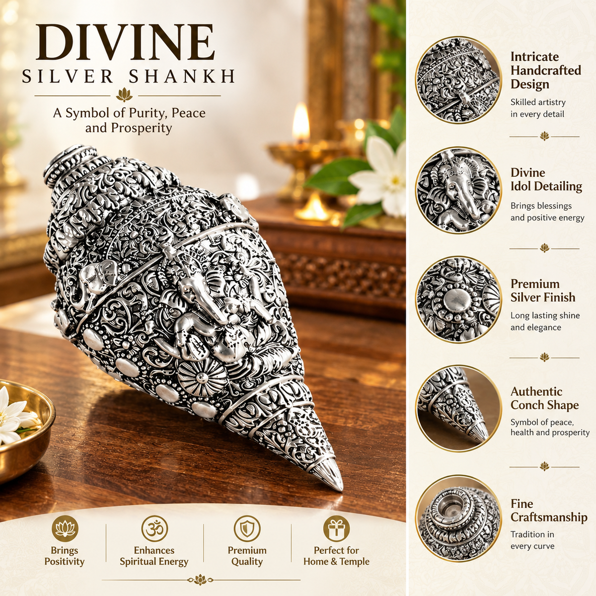 Lord Ganesha Shankh (Conch) - Pure Silver Plated (5 Inch)