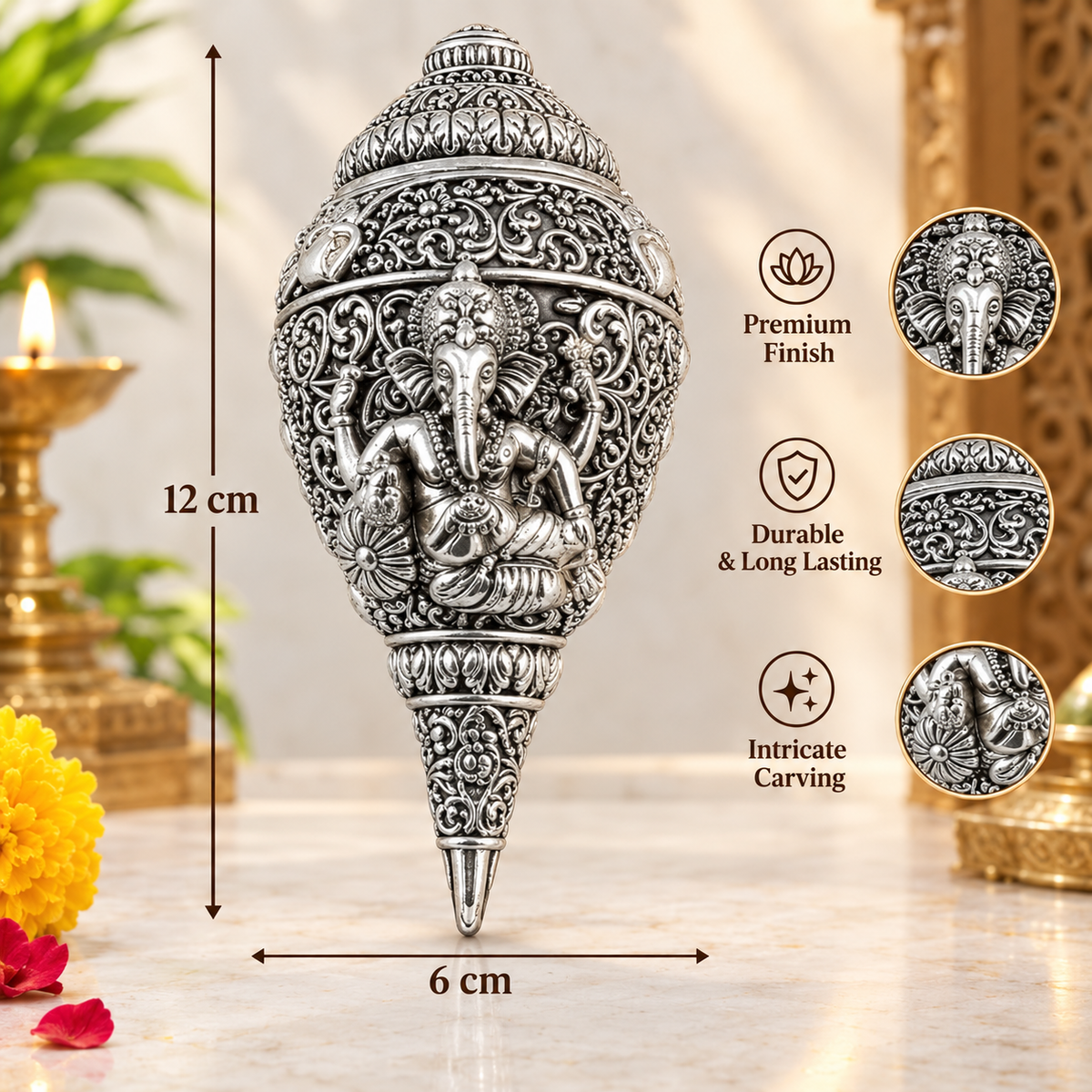 Lord Ganesha Shankh (Conch) - Pure Silver Plated (5 Inch)