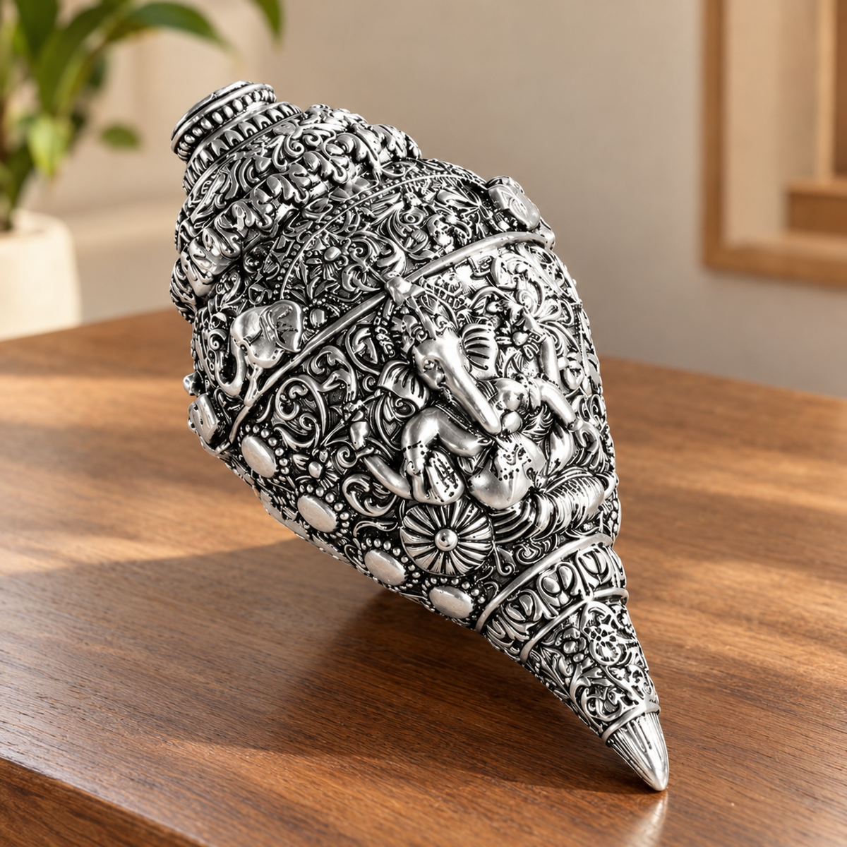 Lord Ganesha Shankh (Conch) - Pure Silver Plated (5 Inch)
