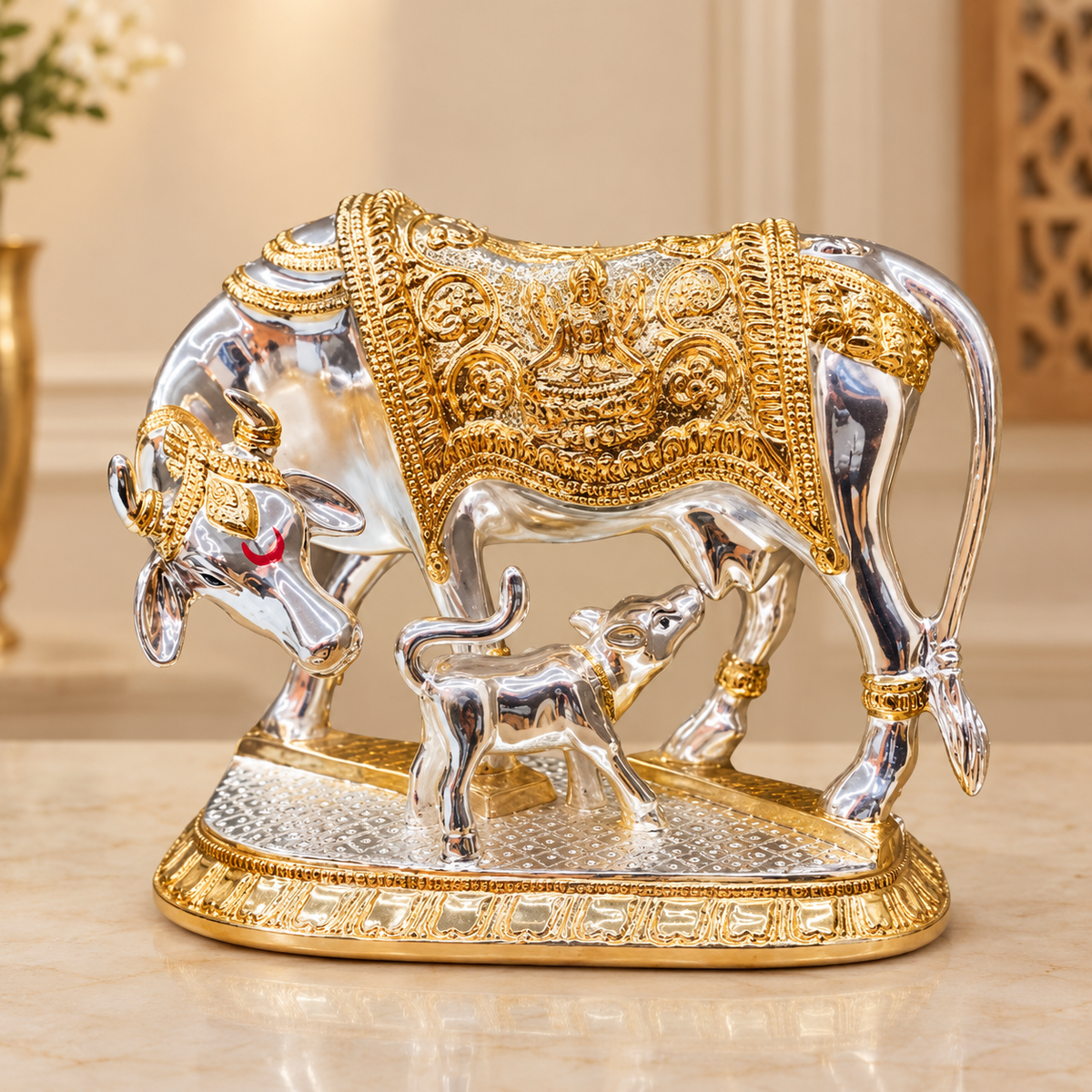 Kamdhenu Cow with Calf Idol | Gold & Silver Plated Finish for Pooja, Home & Gifting