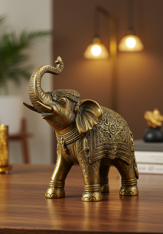 Antique Brass Elephant Figurine – Handcrafted Luck & Prosperity Décor