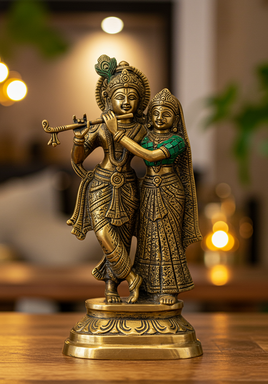 Antique Brass Radha Krishna Idol – Divine Love & Harmony Sculpture