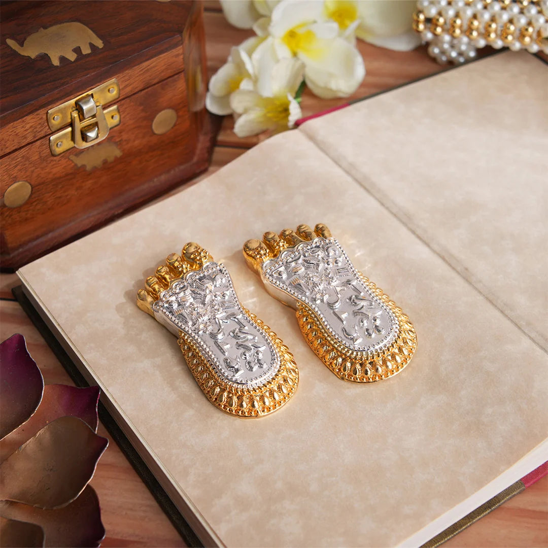 Maa Lakshmi ji Charan Paduka | Laxmi Feet Idol for Entrance, Desk & Shop Silver & Gold Plated