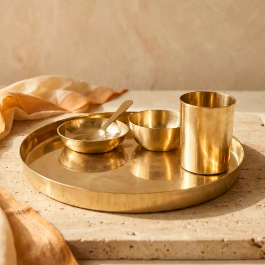 Sattva Brass Thaali Set - 5 pieces set (1 Thaali, 2 bowls, 1 glass and 1 spoon)