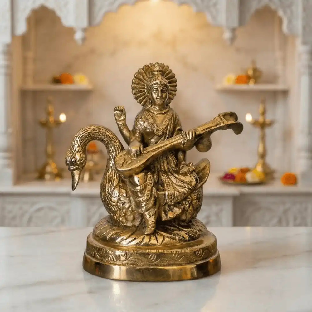 Pure Brass Saraswati Idol - Home Temple, Office & Gifting
