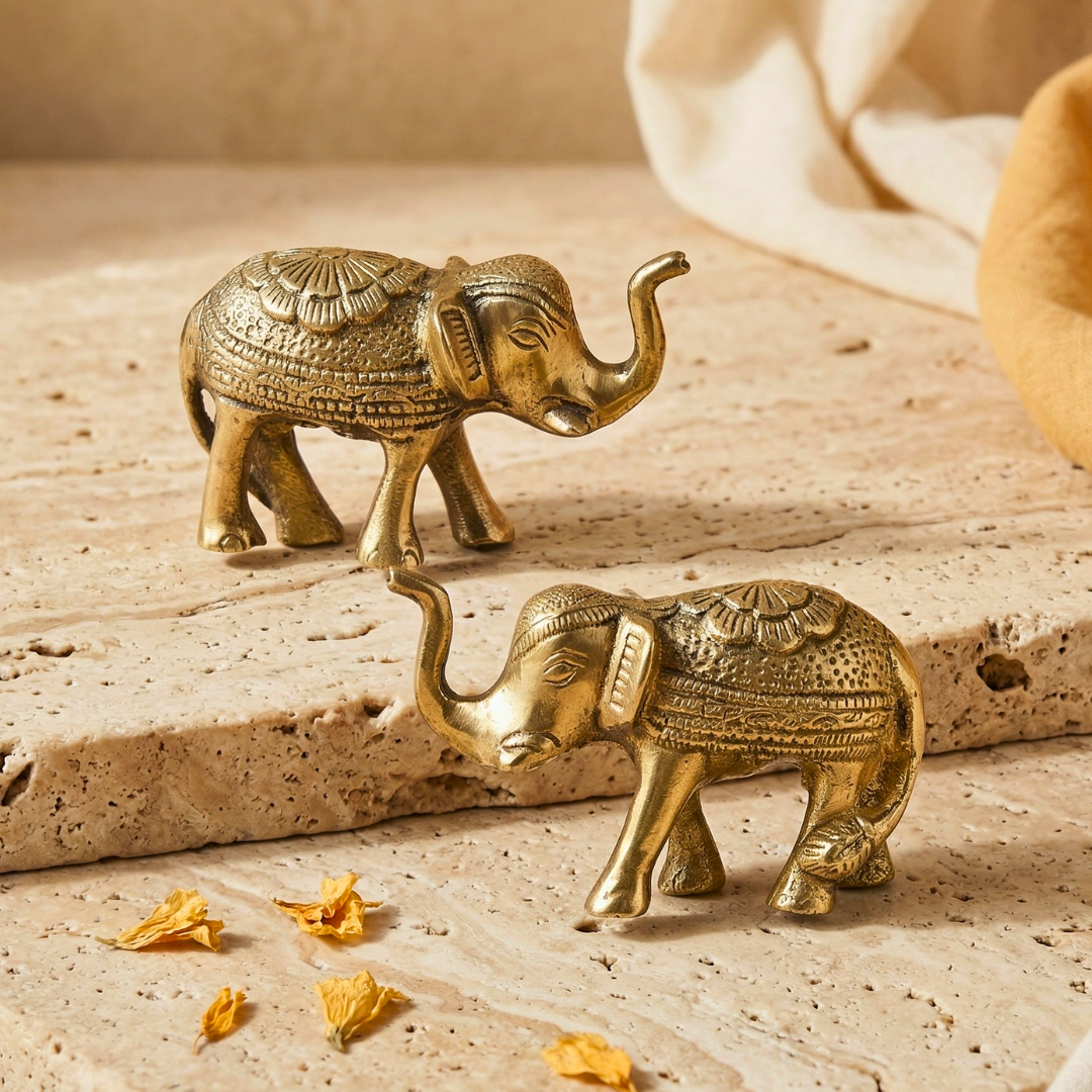 Gaja Brass Elephant Duo | Handcrafted Decor for Prosperity & Gifting